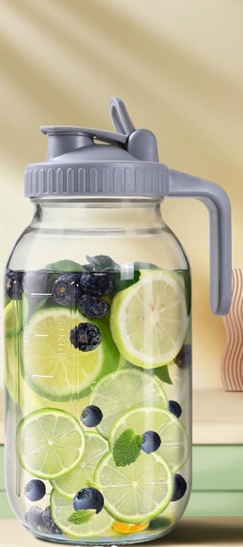 64OZ Glass Pitchers with Lid, Wide Mouth Water Jugs, Leak-Proof Airtight Mason Jars for Cold Brew Coffee, Iced tea, Milk, Food Storage, Sun Tea   (Gray)