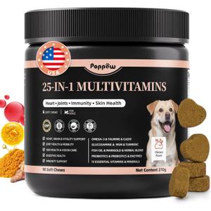 25-in-1 Dog Multivitamin Chews All-in-One Daily Vitamins & Supplements for Dogs, Joint Support with Glucosamine MSM, Omega-3 Skin & Coat, Gut, Heart & Brain, All Breeds & Ages, Chicken, 90 Ct