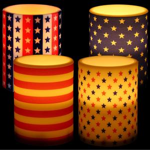Treela Set of 4 Patriotic American Flag Flameless LED Battery Operated Pillar Candles 4th of July Candles 4th of July Decorations for Home