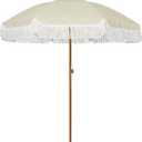 AMMSUN 7ft Patio Umbrella with Fringe Outdoor Tassel Umbrella UPF50+ Premium Steel Pole and Ribs Push Button Tilt, Light Beige