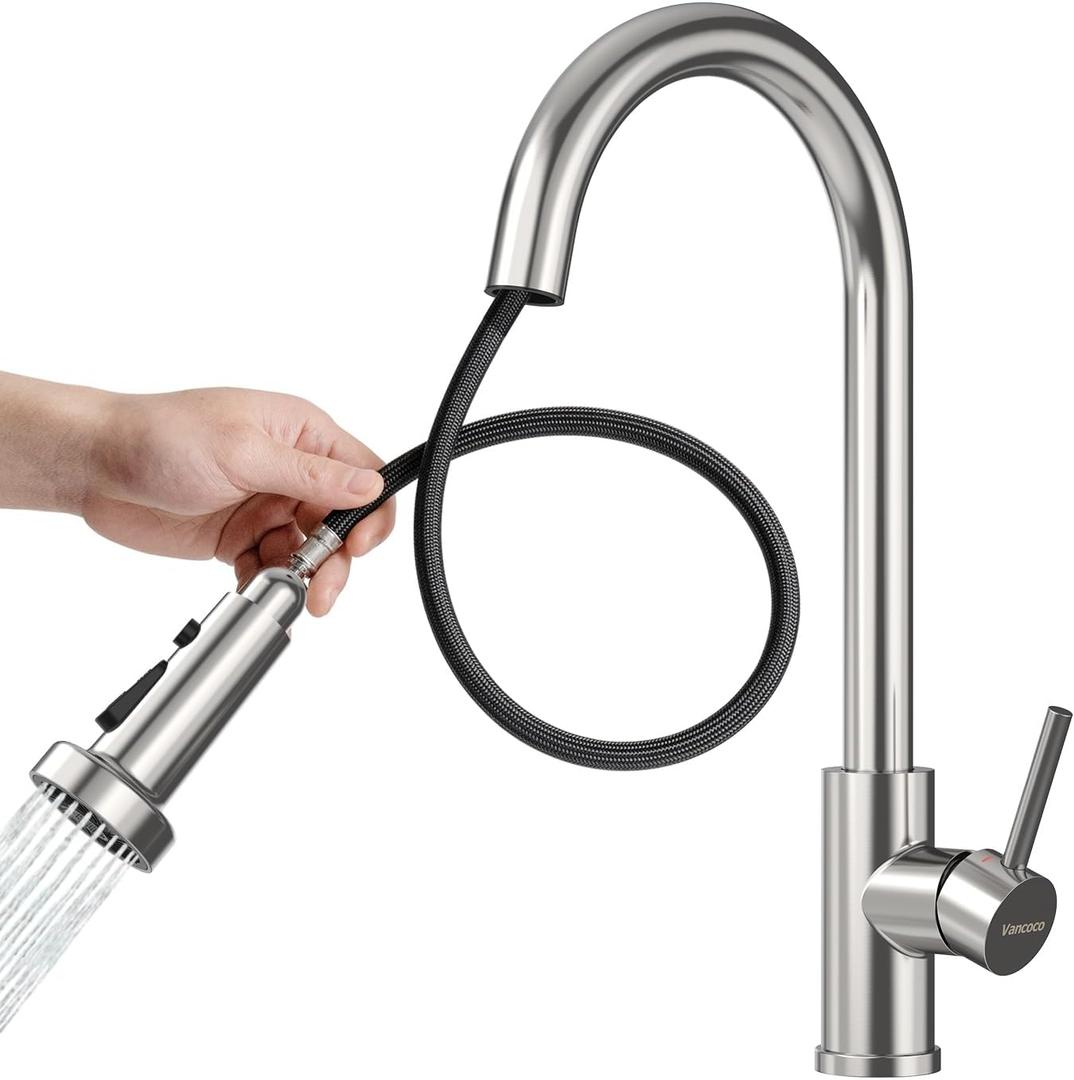 VANCOCO Kitchen Faucet with Pull Down Sprayer, Modern Stainless Steel Single Handle High Arc Faucets for Sink Bar, Brushed Nickel