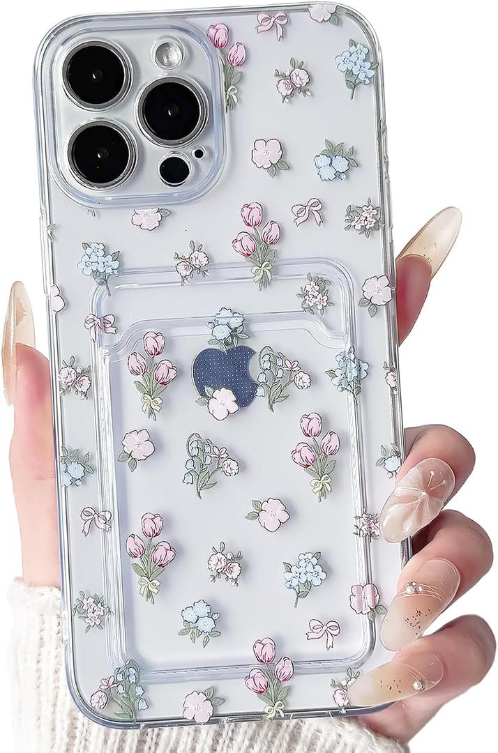 NITITOP Compatible with iPhone 15 Pro Max Case with Card Holder Clear Cute Stylish Floral Flowers Design for Women Girls Soft TPU Shockproof Wallet Case Protective Phone Cover - Tulip