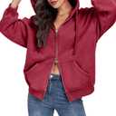WOWULOVELY Womens and Mens Zip Up Hoodies Acid Wash Long Sleeve Oversized Sweatshirts Distressed Fleece Jacket with Pockets (Red, L)