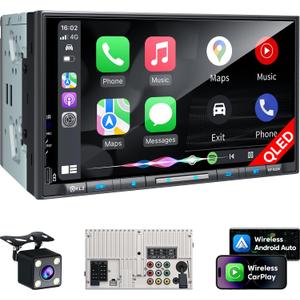 PLZ 7" Wireless Double Din Car Stereo Apple Carplay Radio QLED Screen for Car, Android Auto, Bluetooth 5.3, Fast Charger, 1080P Backup Camera, 4.2 Channel Outputs 240W, 2 Subwoofer