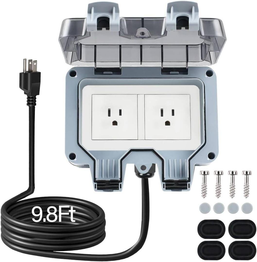 Outdoor Power Outlet Box with 9.8Ft Extension Cord, NEMA 5-15R, STW 14 AWG, Weatherproof Waterproof IP66 Electrical Outlet Extender, Exterior Wall Power Socket w/Cover for Garden