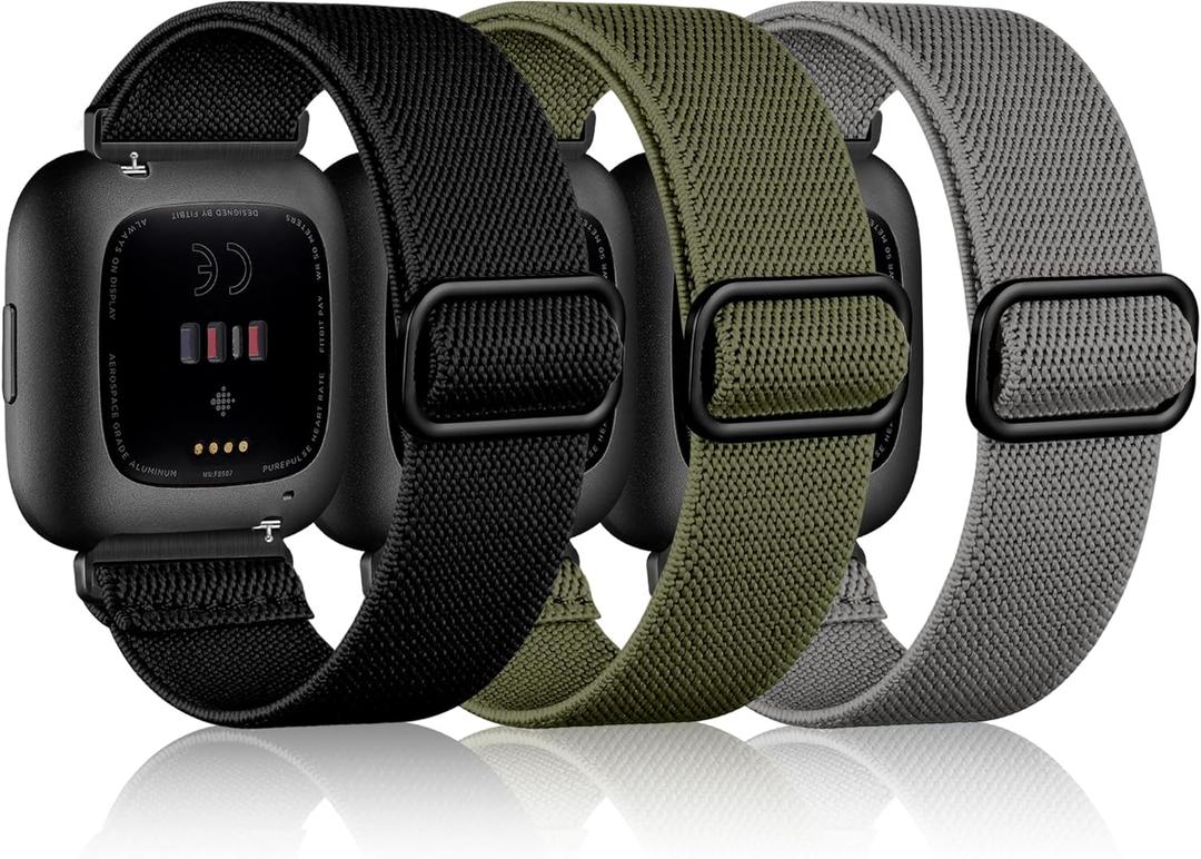 Maledan 3 Pack Stretchy Solo Loop Compatible with Fitbit Versa 2 Bands Women Men, Soft Nylon Sport Replacement Versa 2 Watch Band for Fitbit Versa 2/Versa Lite, Black/Green/Gray