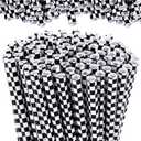 Domensi 50 Pcs Black and White Checkered Racing Straws Plastic Disposable Drinking Straws Hard Plastic Reusable Striped Flag Party Supplies for Race Car Sports Themed Birthday Decoration