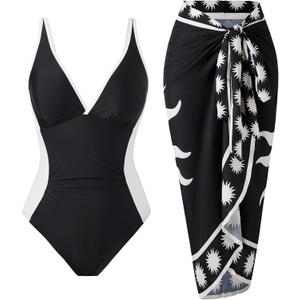Womens One Piece Tummy Control Swimsuit Set with Wrap Skirt Cover Up V Neck Slimming Retro Bathing Suit (Small, Blackwhite)
