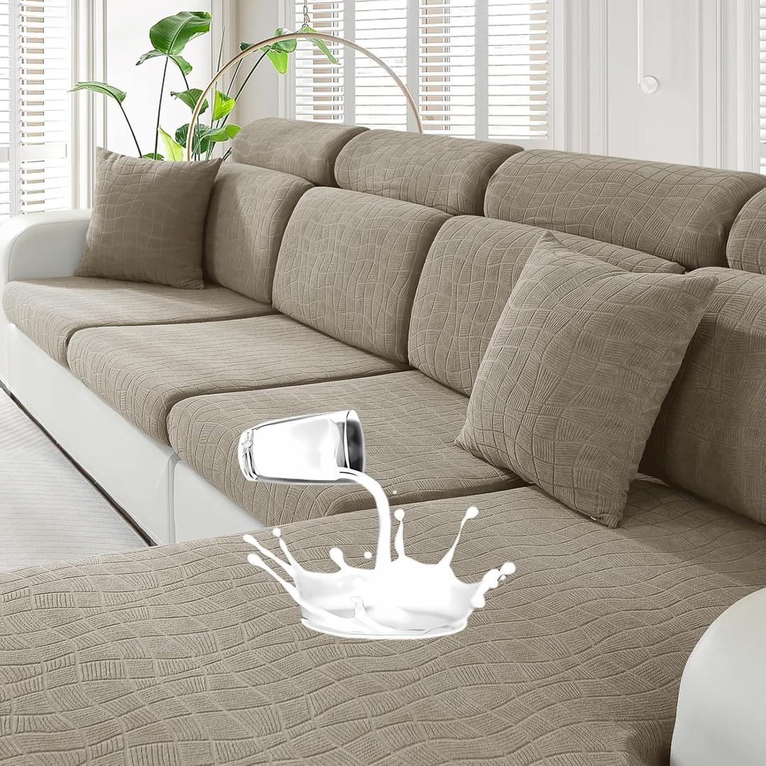 MAXIJIN Waterproof Couch Cushion Covers Stretch Sofa Seat Slipcovers Washable Sectional Outdoor Cushion Covers with Elastic Bottom for Dogs Pets Kids (1 Pc Sofa Cushion Cover, Khaki)