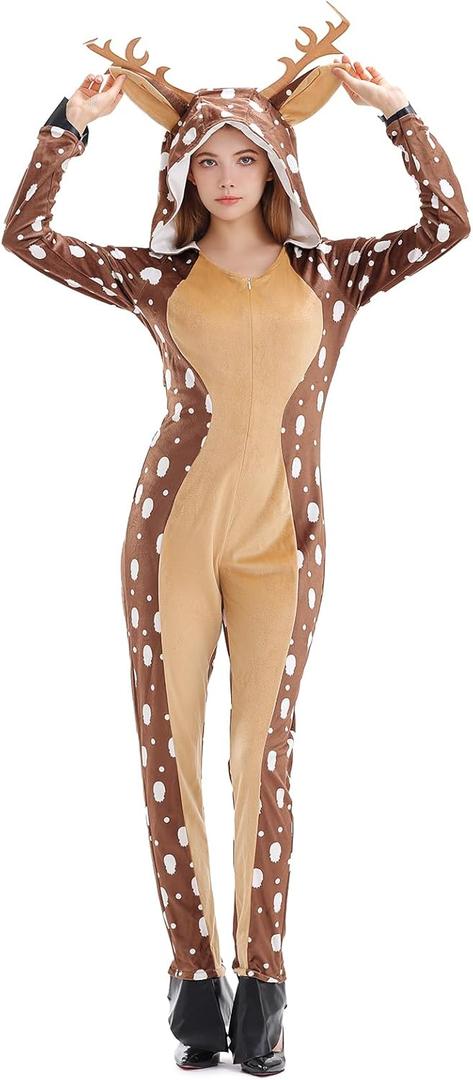 Reindeer One Piece Pajama Jumpsuit Adult Deer Costume Sleepwear Women Animal Cosplay Christmas Party Outfit (Small, Multicolored)