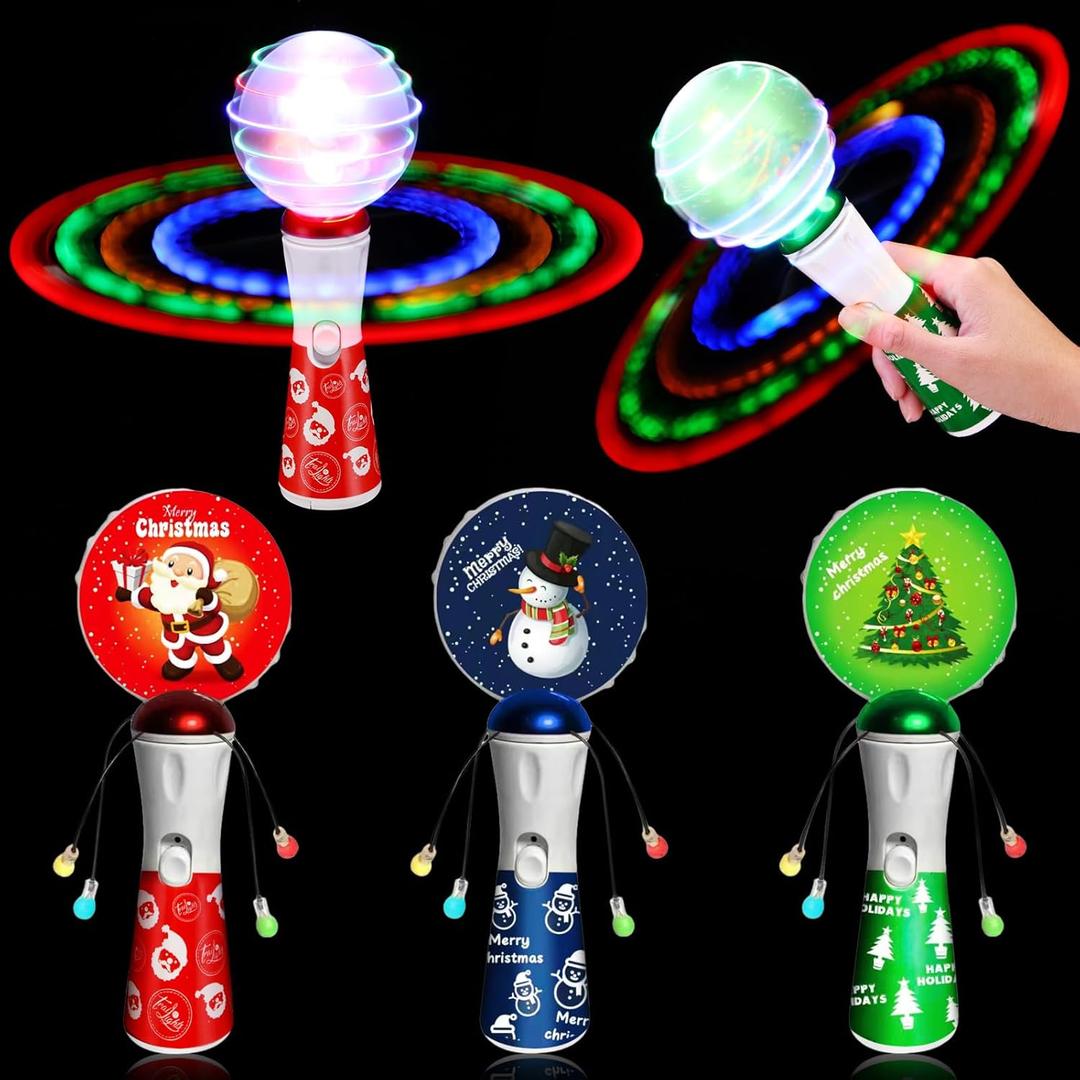 Shappy 3 Pcs Christmas Light Up Spinner Toy, 8.7 Inch LED Santa Claus Light Up Wand, Rotating and Colorful Fun Gift for Parties, Sensory Rooms, Classroom Prizes (Cute Style)