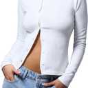 SOLY HUX Women's Button Down Sweater Crew Neck Long Sleeve Shirts Knitted Casual Pullovers (White, M)