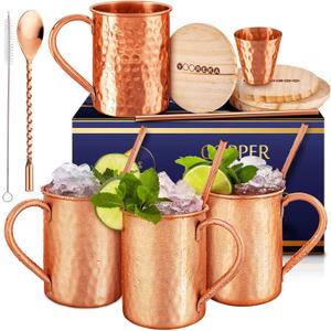 Gift Set Moscow Mule Mugs Set Of 4 16 oz Solid Cooper, 100% Pure Copper Cups Cylindrical Shape HANDCRAFTED, BONUS 4 Straws, 4 Wood Coasters, Stirring Spoon, And Shot Glass (Square)