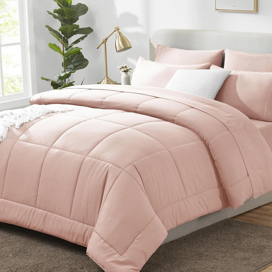 CozyLux Twin XL Comforter Set Blush Pink, 5 Pieces Twin Extra Long Bed in a Bag for College Dorm, All Season Bedding Set with Stitch Quilted Comforter, Flat Sheet, Fitted Sheet, Pillowcases, Blush Pink, Twin XL