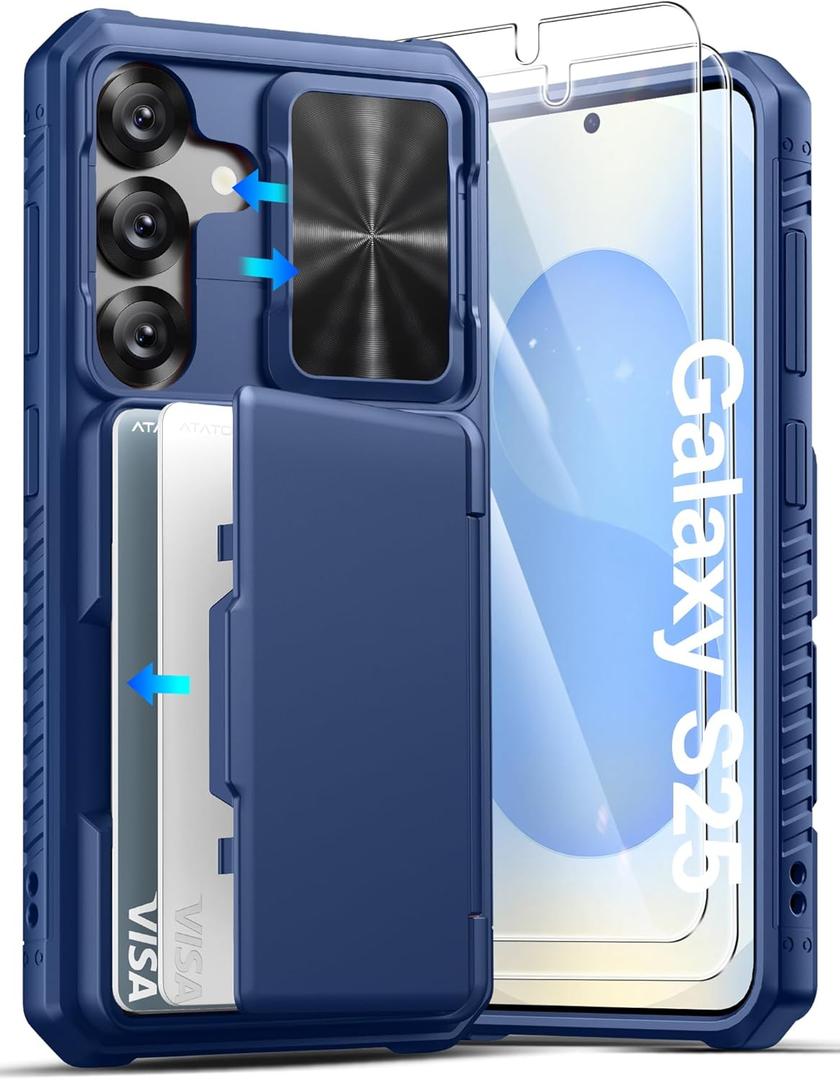 ATATOO for Samsung Galaxy S25 Case Wallet with HD Tempered Glass Screen Protector [2 Pack], Build-in Card Holder, Slide Camera Cover, Military Grade Protection, Hard Case for Galaxy S25 6.2", Blue