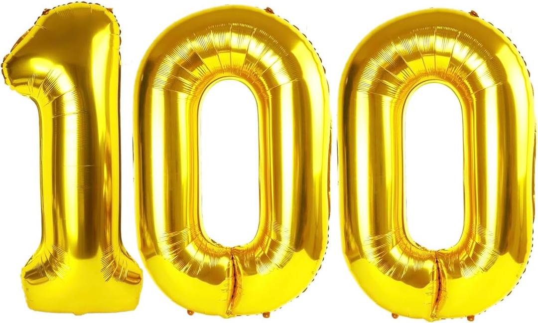 Gold Number 100 Balloon 40 inch, 100 Number Balloons, 100th Gold Birthday Decorations, 100 Year Old Women Men Golden Party Supplies