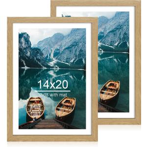 Hongkee 14x20 Picture Frame Set of 2, Natural Oak Wood Style - Display 14 x 20 Picture without Mat or 12x18 Picture with Mat, Wall Mounting Horizontal and Vertical