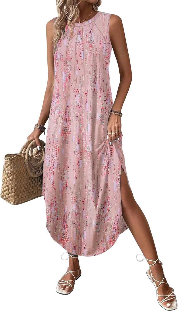 Zeagoo Floral Summer Dresses for Women Tropical Dresses for Women 2025 Beach Vacation Dress Loose Dress with Pockets, Light Pink Print,S