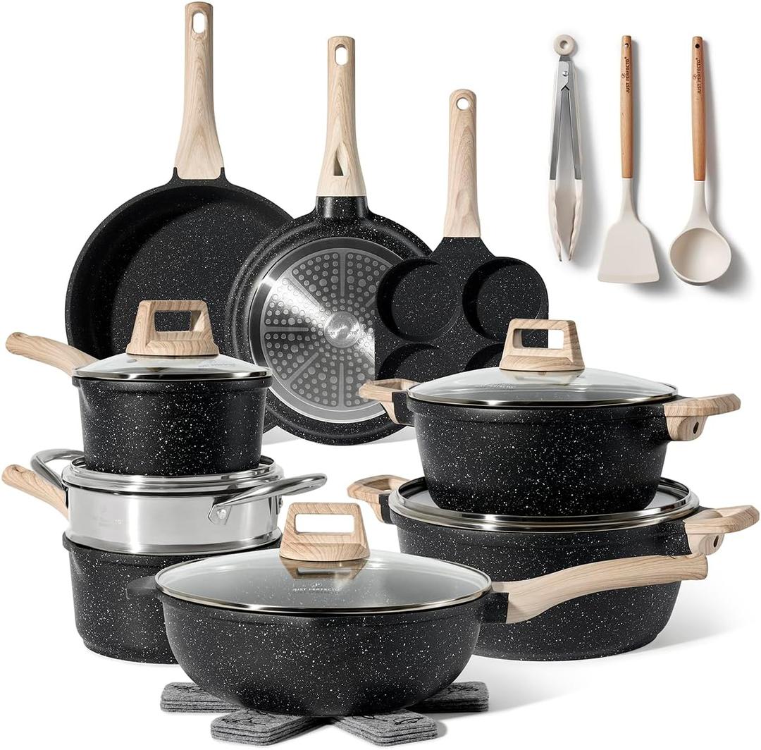 JUST PERFECTO Kitchen Pots and Pans Set with Lids Non Stick - Induction Pots Set - Pots & Pans Set without PTFE and PFOA - Cookware Pot Set Induction 21 Pcs (black)