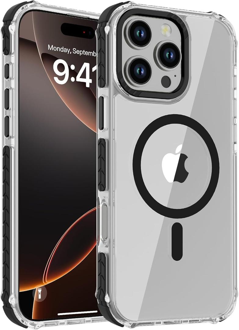 DEERLAMN Strong Magnetic Case for iPhone 16 Pro Max 6.9-Inch,[Compatible with Magsafe][Military Grade Drop Protection] Clear Slim Shockproof Protective Phone Cover-Transparent+Black