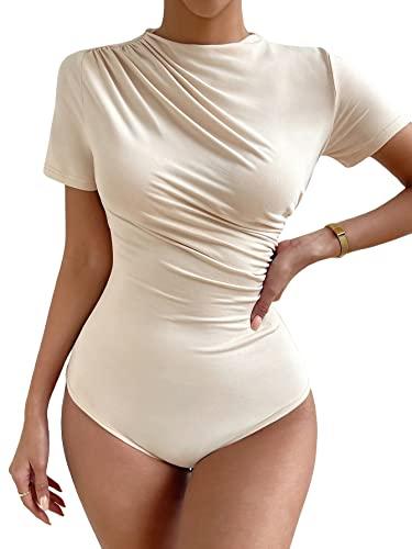 Milumia Women's Casual Ruched Mock Neck T Shirt Short Sleeve Tee Bodysuit Jumpsuit Beige M