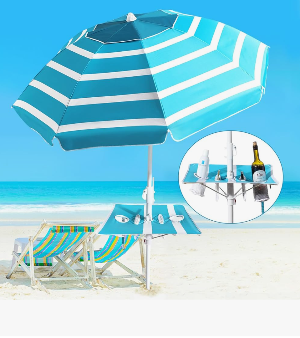 Beach Umbrella - Beach Umbrella for Sand Wind Portable with Tilt Pole, 6.56 FT Arc Length 5.9 FT Diameter, Heavy Duty Wind Resistant Striped Large Umbrellas, UV 50+ Parasol with Anchor Screw Adjustable Height