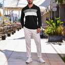 Mens Quarter Zip Polo Shirt Long Sleeve Color Block T Shirts for Men Lightweight Casual Striped Golf Polos (Black, M)