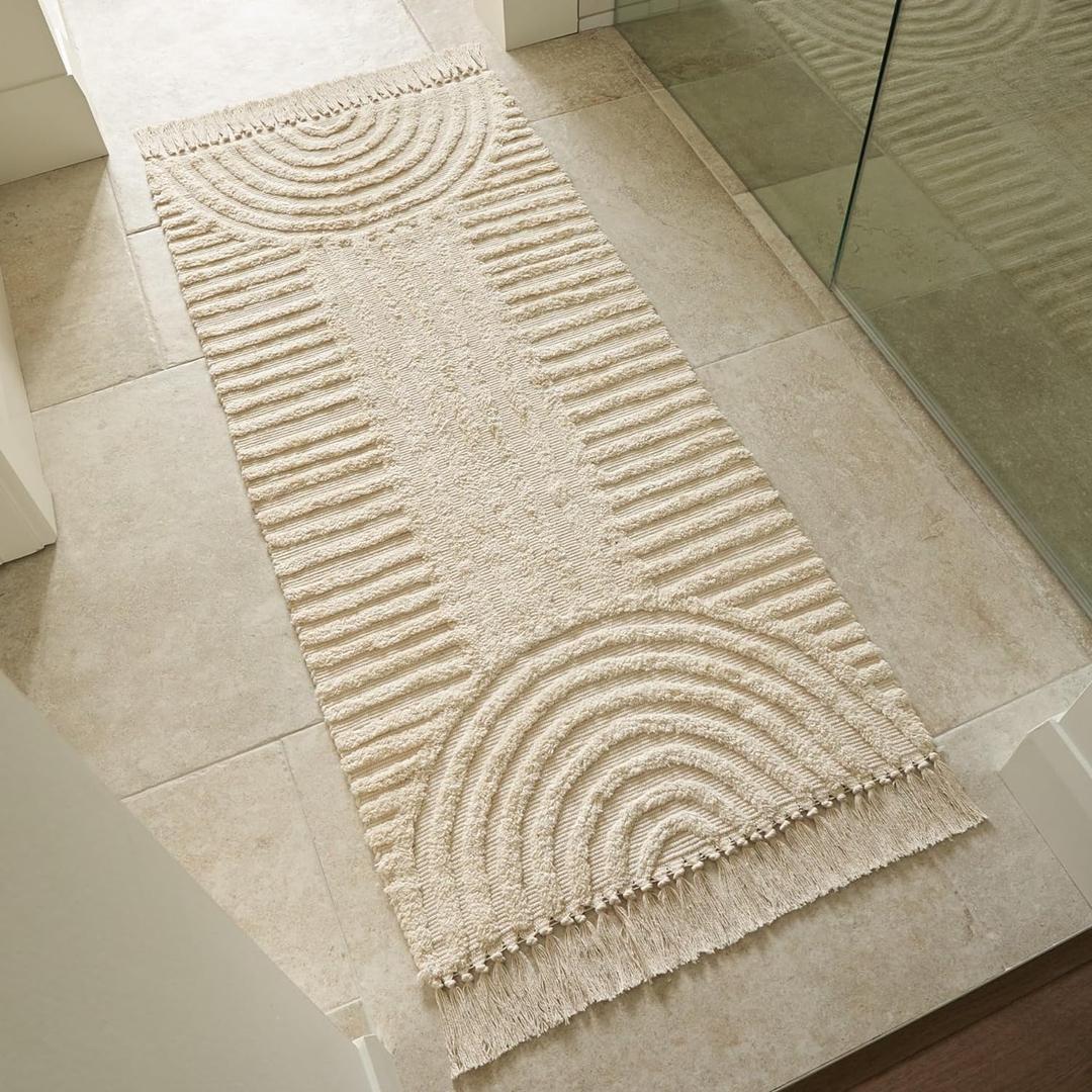 KIBAGA Boho Bathroom Rug with Tassels - Soft, Washable, Non-Slip Cotton Mat - Perfect 2x4.3 ft. Size to Enhance Modern Home Decor (2' x 4'4" (Rectangular), Boho Cream)