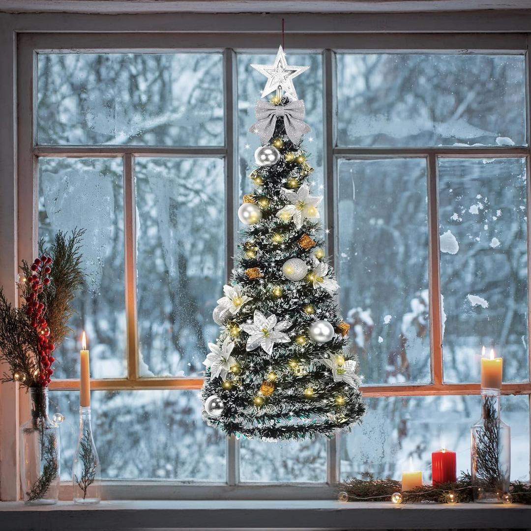 Wall Christmas Tree with Lights 40inch, Artificial Wall Hanging Xmas Decoration with 50 LED String Lights, Saving-Space Door Hanging Xmas Tree Small Space Home School Office(Silver)