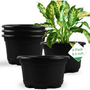 Pack 8.5 inch Plant Pot,Outdoor Flower Pots,Plastic pots for Plants Indoor with Drainage Holes and Trays, Decorative Garden Containers Sets for Houseplants (Black)