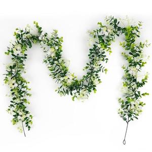 HIAGROW 6FT Eucalyptus Garland with Flowers, 1 Pack Artificial Greenery Garland Hanging Faux Eucalyptus Garland Suitable for Table Wedding Backdrop Arch Wall Party UV Protected Indoor Outdoor Decor