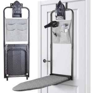 Seiritex Over the Door Ironing Board 14x42 inches with Iron Holder and Pocket Storage Bag, Hanging Iron Board for Home Laundry Room, Black
