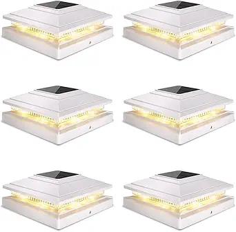 Post Cap Lights Outdoor 6pack, Waterproof Fence Post Solar Lights for 4x4 5x5 6x6 Wood/Vinyl Posts, White Solar Deck Post Lights with 2 Color Modes Decorate Garden Patio Porch Backyard
