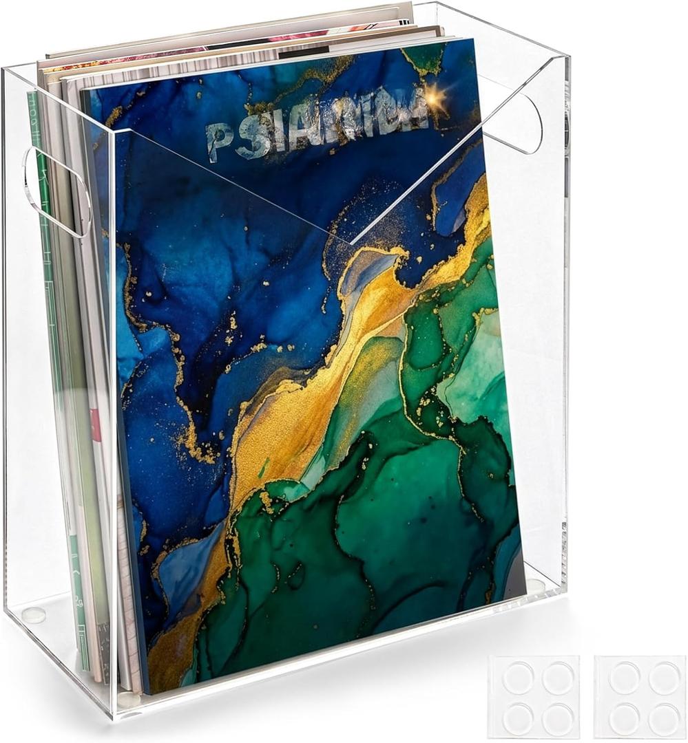 Noamus Acrylic Magazine Holder, Newspaper Stand Organizer with Handles, AntiSlip Clear File Rack, Modern Book Basket Box, Mail Storage Bin Space Saver for Home Office Bathroom Bedroom Living Room