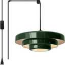Plug-in Green Pendant Light, Mid Century Hanging Lamp Fixtures with Pulley and Plug in Cord 3-Layer Shade Nordic Style Pendant Lighting Metal Shade for Living Room Dining Room Bedroom Kitchen Island, 17.72 inches