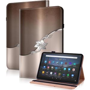 Case for Kindle Fire HD 10 & 10 Plus Tablet (13th/11th Generation, 2023/2021 Release) 10.1" - PU Leather Flip Case with Elastic Band & Card Slots/Holder, Multi-Angle Stand Cover - Silver Flower