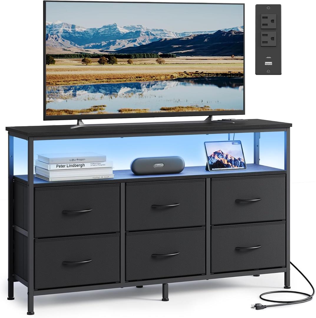 SONGMICS Dresser for Bedroom, Wide Dresser with 6 Drawers & Open Shelf, 11.8"D x 44.8"W x 26.8"H