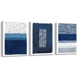 Creoate Blue Canavs Wall Art for Living Room Decor 3 Pieces Abstract Blue and White Painting Canvas Print Framed Artwork Set for Bedroom Decor Navy Blue Canvas Wall Decor, Ready to Hang, 12x16 Inch