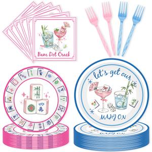 96 Pcs Mahjong Party Supplies, Lets Get Our Mahj On Plates Napkins Forks for 24 Guests, Bam Dot Crack Pink Blue Tableware Set for Mah Jongg Game Night Birthday