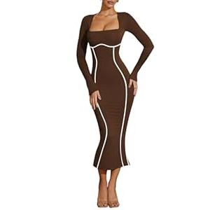 Lrady Women's Square Neck Dresses Long Sleeve Contrast Binding Split Bodycon Mermaid Evening Cocktail Party Dress, Xl
