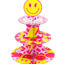 UPINS 3 Tier Preppy Cupcake Stand Yellow Pink Smile Face Party Decorations Stand Cardboard Cupcake Holder Tower for Preppy Theme Birthday Bachelorette Party Favors Supplies Pack of 3
