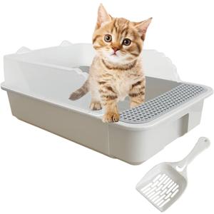 Open Small Cat Litter Box,Kitten Litter Box with Scoop Low Entry High Sides Cat Toilet Pan,Semi-Enclosed Anti-Splashing Kitty Tray for Small Space Easy to Clean(Grey) (Gray)