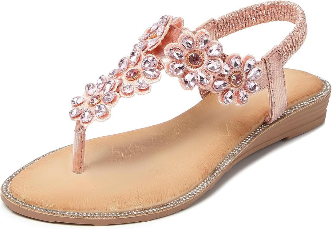 iCKER Women Sandals Rhinestone Dressy Casual Summer flat flip flops Comfortable Sandals (7.5, 3016 Pink)