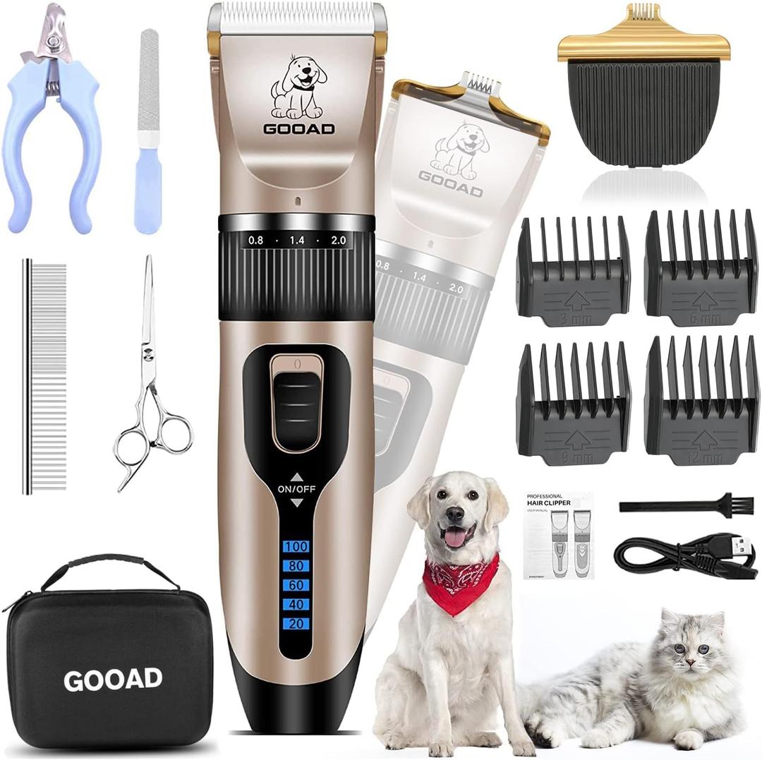 Dog Clippers for Grooming,Dog Grooming Kit for Heavy Thick Hair&Coats/Low Noise Rechargeable Cordless Hair Trimmer/Pet Shaver with Paw Trimmer for Small & Large Dogs Cats (Gold)