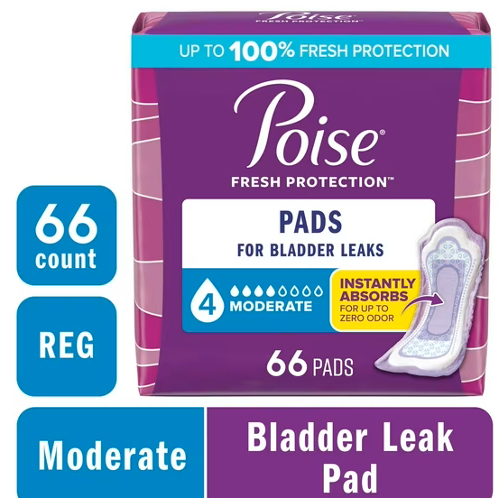 Poise Incontinence & Postpartum Pads for Bladder Leaks, 4 Drop Moderate Absorbency, Regular Length, 66 Count
