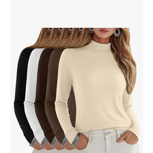 5 Pack Women's Cotton Mock Turtleneck Long Sleeve T-Shirts, Basic Tops Slim Fitted Stretch Underwear Layer Tee