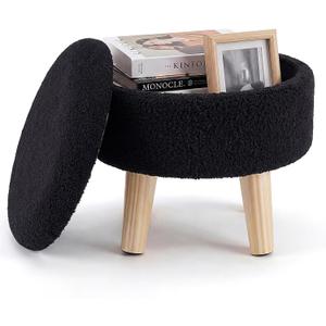 DUMOS Round Storage Ottoman with Reversible Tray Lid, Multi-Functional Footrest, Teddy Velvet Footstool with Wood Legs, Small Coffee Table for Living Room, Bedroom, Black, 13"D x 13"W x 11.8"H