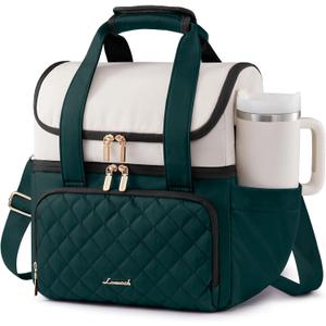 LOVEVOOK Insulated Lunch Bag For Women,Large Double Deck Adult Lunch Box,Teacher Lunch Tote Bag With Cup Holder,Leakproof Cooler Bag With Adjustable Shoulder Strap For Work Picnic Beach,Larger 15L (Off White with Dark Green)