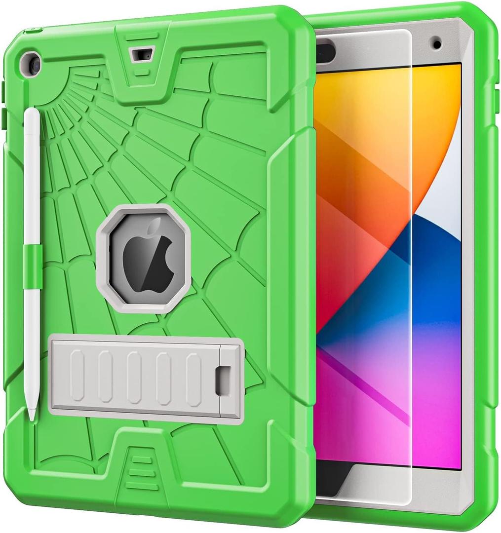 TSQQST iPad Case 10.2 Inch 9th Generation 2021 with Glass Screen Protector | iPad 9th Gen Case for Kids Boys with Stand Pencil Holder | Drop Proof Cover for iPad 8th 7th Generation 2020 2019, Green