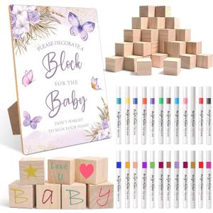 Purple Butterfly Baby Shower Decorate a Block Game Set 79 Pieces,Baby Shower Blocks for Gender Reveal Games, Includes 54 Blank Baby Building Blocks, 24 Watercolor Markers, 1 Baby Shower Game Sign,4
